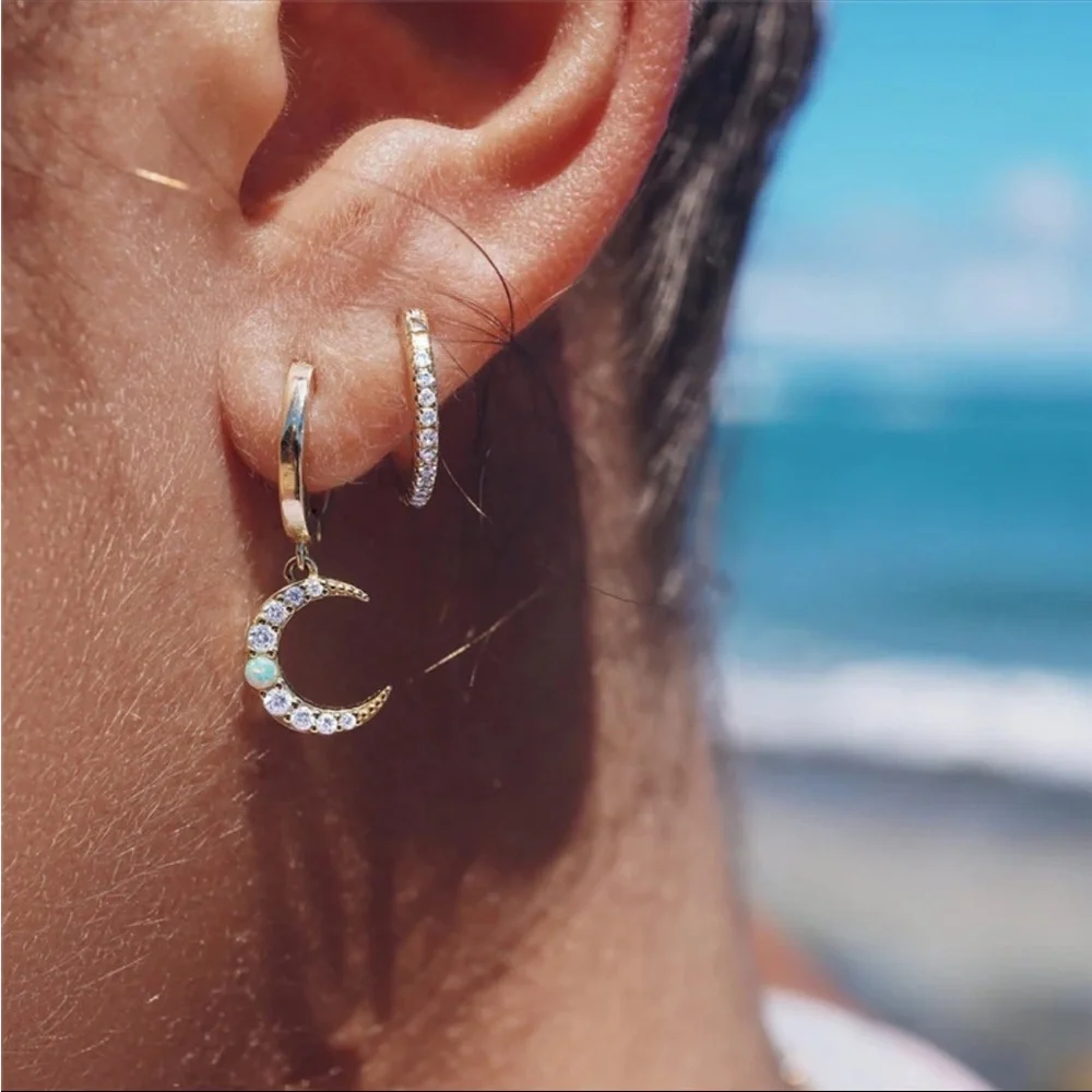 NWT 925 Sterling Silver Star Moon Celestial Dainty Huggie Hoop Opal Earrings - Picture 6 of 12